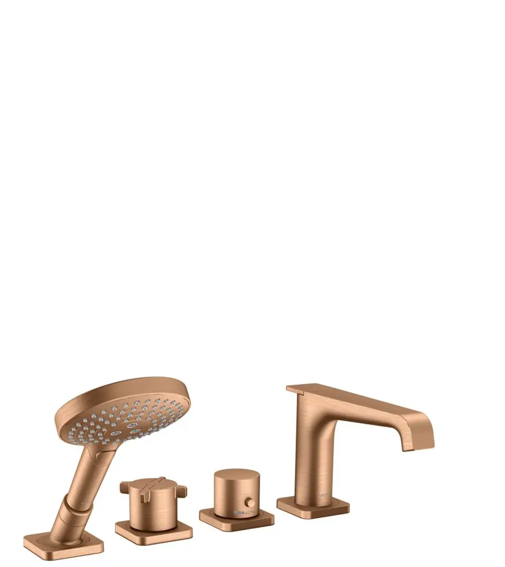 Fünfmodulige Armatur in gebürstetem Bronze-Finish, bestehend aus einem Handbrausekopf, einem Wasserhahn und zwei Steuerungen, designed von AXOR.